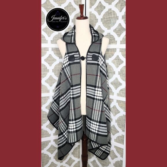 Quagga Women's Black & Gray Plaid Hooded Poncho Wrap Vest One Size - Picture 1 of 15